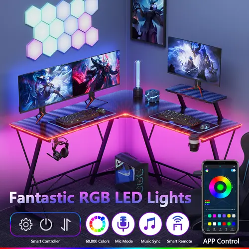 Mr IRONSTONE Gaming Desk with Led Lights, L Shaped Gaming Desk Corner Computer Deskcomputer Desk with Carbon Fiber Surface, Easy to Assemble, 51 inch