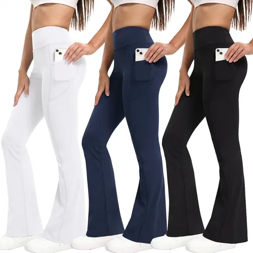 Women's 3-Pack High Waist Flare Leggings - Buttery Soft Comfy Pocketed m Athleisure Activewear Finds, Butt Lifting Yoga Bottoms for Gym, Everyday Active Standard Sizes Sports Bottoms, Sporty Chic