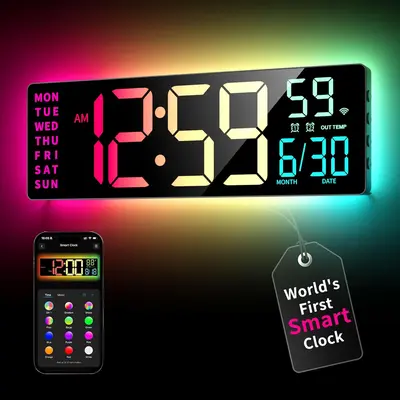 <RGB Vibes for Match Night>EASYERA 16.5" Smart Digital Wall Clock with App & Alexa via WiFi, Large RGBIC Wall Clock with Multiple DIY Color and Music Sync, LED Display, Auto DST, Plug-in Clocks for Classroom Home Gaming, Kitchen Craft Room