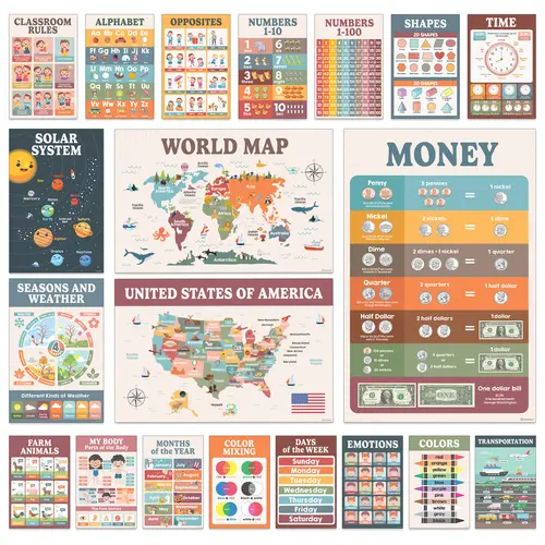 Decorably 20 Boho Learning Posters for Kids Ages 3-5, 11x17in Educational Matte-Laminated for Classrooms, Homeschool, School Hallways, Bulletin Boards
