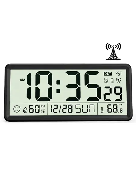 EASYERA 15'' Large Digital Wall Clock Battery Operated, Atomic Clock with Indoor Temperature and Humidity, Self-Setting with Auto DST, for Kitchen, Classroom, Living Room (Batteries Not Included)