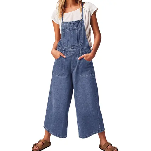 CHOUYATOU Women's Lightweight Denim Jumpsuit, Vintage Style with Adjustable Spaghetti, Retro Loose Fit Cropped Wide Leg, Fashion, Baggy, Backless, Oversized