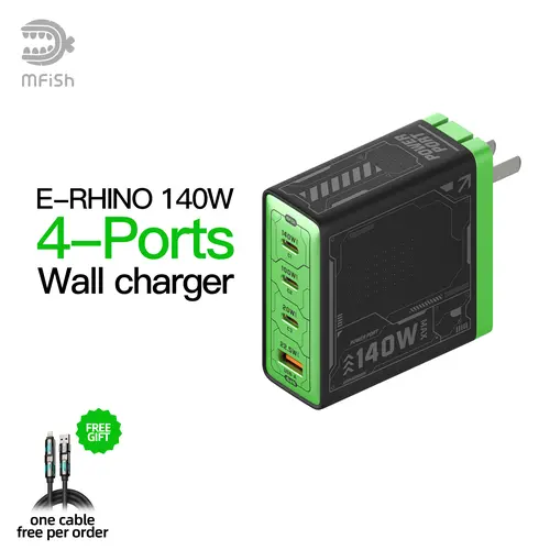mfish E-RHINO 140W GaN Wall Charger - 4-Port Fast Charger with Original Foldable Universal Travel Plug for Smartphone, Cellphone, Mobile & Electronic Devices