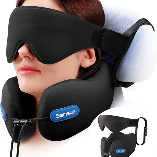 SARISUN Travel Neck Pillow Neck Rest Cushion - Dual-Density Supportive Foam, Cool Lycra, 3D Eye Mask Single Set for Airplanes Cars, On-the-Go Essentials MODEL016 Black, Travel Neck Cushion, Neck Pain Relief, Travel Must Haves, 360° Neck Wrap
