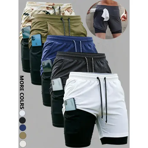 Men's 5-Pack Active Gym Shorts, 2-in-1 Double Layer High-Stretch Design with Inner Pocket for Workout & Training, Athletic Shorts, Men's Shorts,clothes for back to school,first day of school outfits