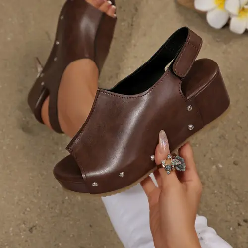 Women's Summer New Chunky High Heel High Heeled Wedge Heels Sandals, Open Toe Footwear, Open Toe Backless Design, PU Leather & Rubber Sole, Casual Style Slip-On Shoes