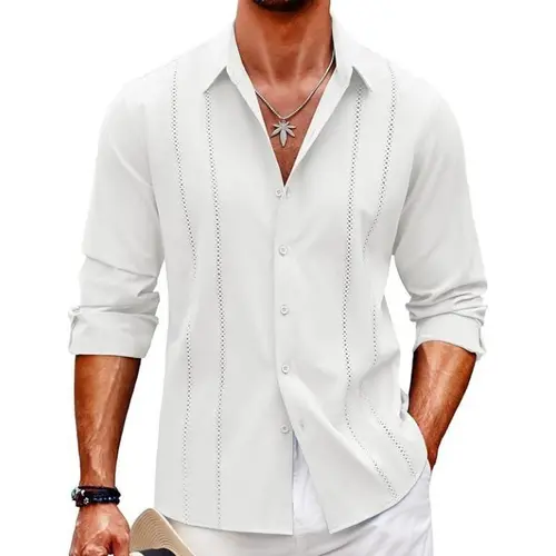 COOFANDY New York Fashion Week Mens Cuban Guayabera Lightweight Shirt  Casual Button Down Shirts Long Sleeve Beach Linen Shirts Menswear Tropical