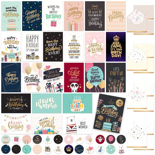 Decorably 24 Pack Foil and Glittery 6x4in Assorted Birthday Cards with Envelopes and Stickers, 24 Unique Festive Designs for Friends, Family, Loved Ones, with Printed Message Inside - Gifting, Mailing