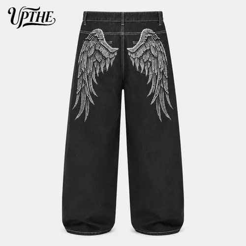 UP.THE Men's Black Jeans - Wide Leg Baggy, Embroidery, Retro Style, Gen X Streetwear, Teenage Dirtbag Aesthetic, Loose Fit Casual Denim Pants, Camping Essentials