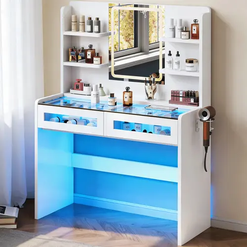 CollaredEagle Modern Sturdy Vanity Desk with LED Light Mirror, Adjustable Brightness, 3 Lighting Modes, Power Plug Sockets, Transparent Top, RGB Drawers, Storage & Makeup Organization for Women’s Bedroom
