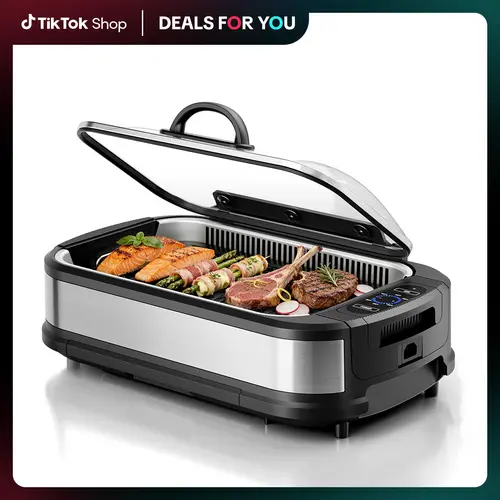 Kismile Smokeless Indoor Grill, 1500W Electric Grill Indoor with Tempered Glass Lid, Non-Stick Korean BBQ Grill with 6-Level Temp Control, Dual-Turbo Smoke Extractor, Drip Tray & Dishwasher-Safe Parts,home essentials