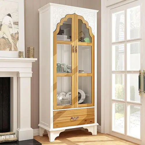 FUFU&GAGA 70.7" H Elegant Wooden Book Shelf Furniture - Carved Doors, Vintage Handles, Drawer, 3-Tier Shelves, 14.6" Depth for Slim Rooms, Large Capacity for Living Room/Office, MDF Wood with Drawers