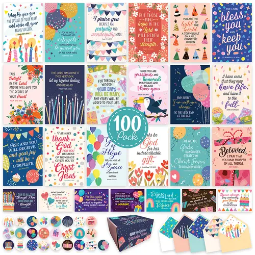 Decorably 100 Pack 4x6in Christian Birthday Cards Bulk with Envelopes and Stickers, 25 Folded Vibrant Designs for Friends, Family & Loved Ones, Printed Message - Events, Gifting, Mailing