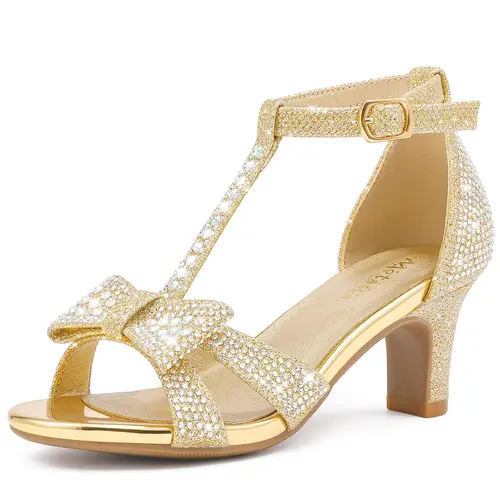 Girls' Fashionable Rhinestone High-Heel Sandals - Open Toe, T-Strap Adjustable Strap, Anti-Slip Sole, Padded, Synthetic, 2.2 Inches Heel, for Graduation Party Wedding Prom, Little & Big Kids