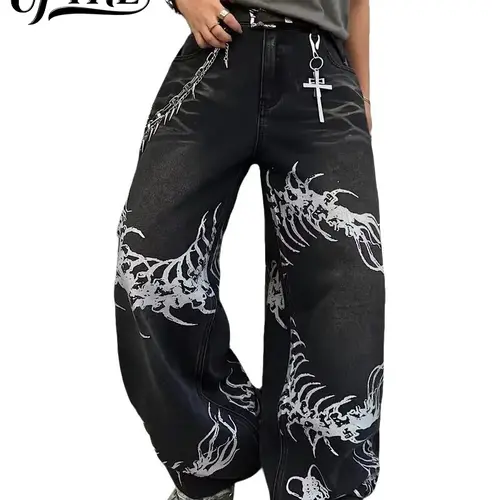 UP Men's Black Denim Pants - Loose-Fit Wide-Leg Below Ankle Plain Men's Clothing with Stylish Centipede Graphic, Casual Hip Hop Baggy Jeans, Streetwear Clothing Camping Essential