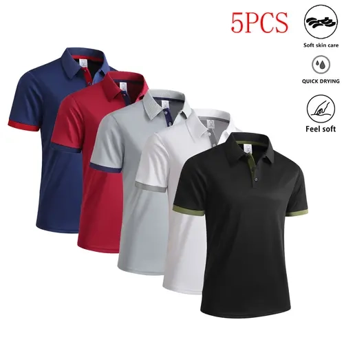 Men’s 5-Pack Colorblock Polo Shirts - Polyester Short Sleeve Athleisure Clothes, Breathable Dry Fit, Quick Drying, Contrast Color, Lightweight, Stylish Sporty Chic, Athletic Fashion Activewear, Summer Casual Menswear