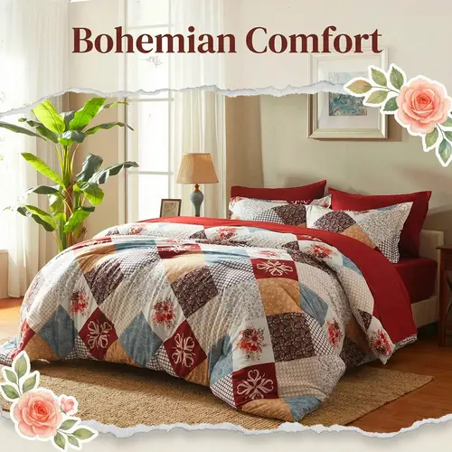 Cosybay 7-Piece Wrinkle-Resistant Bedding Bundle, Reversible Queen/King/Full Comforter Set, All-Season Luxury Tufted Boho Print Bedding with Comforter, Flat Sheet, Fitted Sheet, Pillowcases & Pillow Shams (Dorm, Back-to-School)
