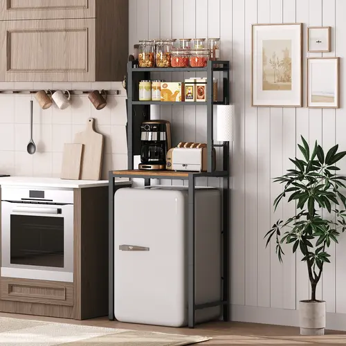 MAHANCRIS Retro Kitchen Bakers Rack - 3-Tier Freestanding Storage Rack with Mini Fridge Stand, Microwave Stand, Coffee Bar Station, Tissue Holder, Oxford Fabric Pockets, Kitchen Mess Solutions, Maximize Cabinet Space, Rustic Brown & Black