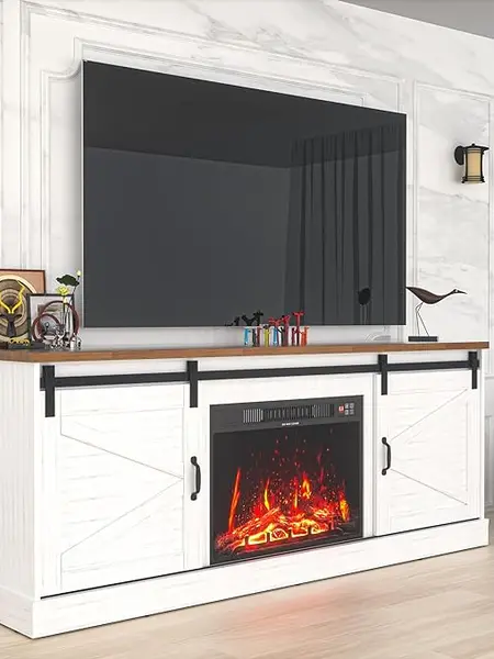[2 Packages Delivery] Kullavik Farmhouse TV Stand up to 85“ Television, Sliding Barn Door Entertainment Center, TV Cabinet Storage Shelves, Media Furniture for Living Room White