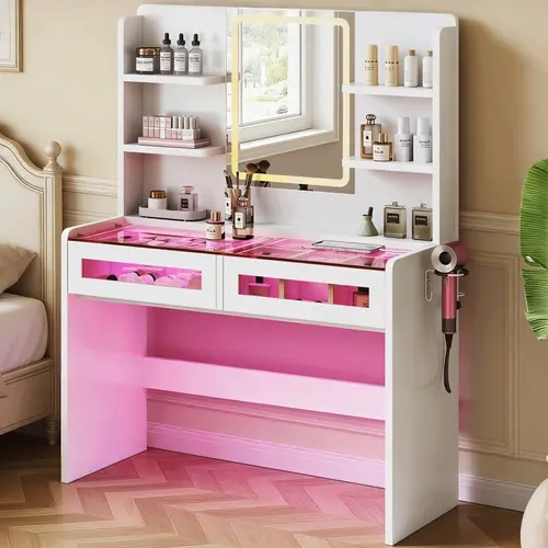 PUNICE Modern Luxury Drawered Glass Top Makeup Vanity - LED Lights Multi-Function Mirror, Open Storage, Hair Dryer Holder, Mirror-Light-Storage-in-1 Indoor Furniture