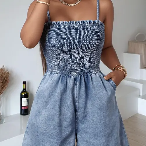 Casual Summer Style Ruched Backless Sleeveless Fitted Medium Wash Denim Jumpsuit, Jean Rompers, Casual Jumpsuits, Womenswear, Women's Fashionable One-Piece, Perfect for Casual Wear