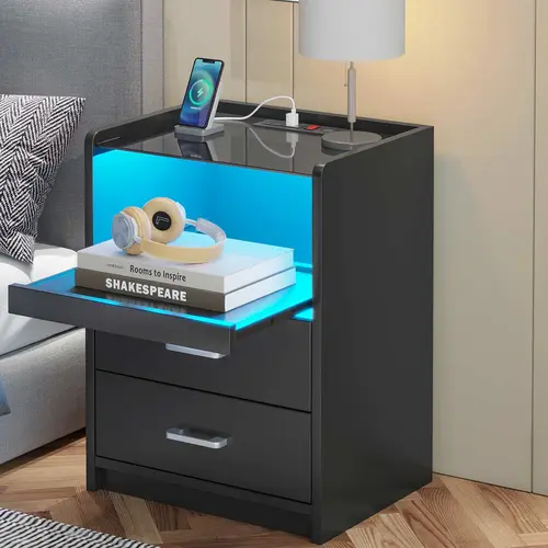 Sikaic LED Nightstand with Charging Station, Night Stand with Pull-Out Tray, 2 Drawers, Bedside Table with LED Lights, Modern End Table with USB Ports and Outlets, Home Furniture Christmas Gifts [SohoChic]