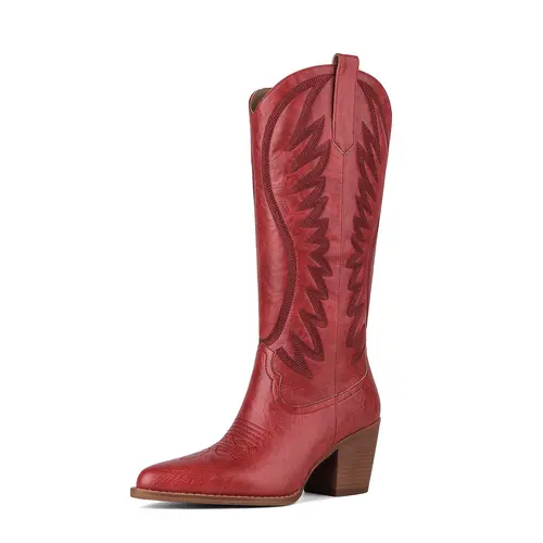 Women Statement Western Style Boots Embroidered Mid Calf Boots for Festival and Concert Pointed Toe Comfortable Chunky Heels