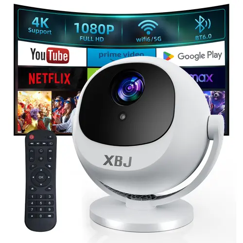 XBJ Portable Outdoor Movie Projector, 4K/1080P Supported, 300 ANSI Auto Focus, Android 11 with Google Voice, 5G WiFi 6, BT 6.0, Auto Keystone, 360° Projection, ABS, LCD Screen, Wireless Home Theater & Gift Projector
