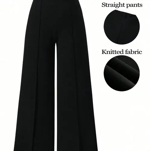 Women's Plus Size Tummy Control Crossover High Waist Wide Leg Pants High Stretch Knitted Elastic Waist Office Workwear Business Casual, Casual High Waisted, Solid Black All Season