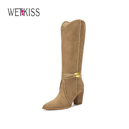 Wetkiss Cowboy Boots for Women Suede Knee High Cowgirl Boots, Braided Detailing, Metal Buckle, Pointed Toe, Chunky Heel, Fashion Retro Western Tall Boot, #WeeklyDeals#sohochic