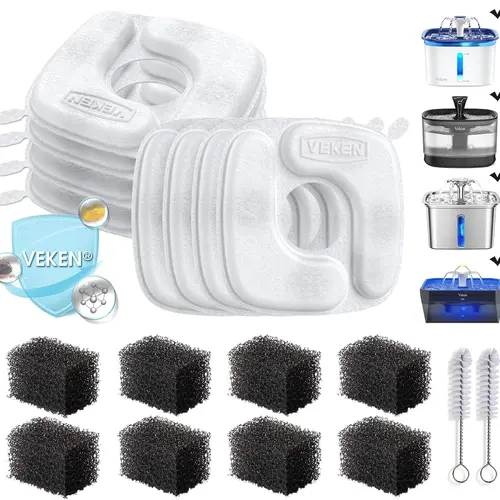 【Veken 】Cat Water Fountain Filters, 8 Pack Replacement Filters & 8 Pack Replacement Pre-Filter Sponges Set for 50oz, 84oz, 95oz or 108oz Automatic Pet Fountain Dog Water Dispenser