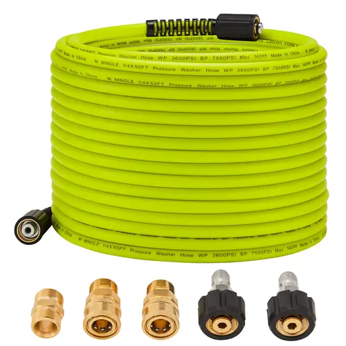 M MINGLE Heavy Duty Water Hose - 50 FT x 1/4" High Pressure Washer Hose with M22 14mm Fittings, Quick Connect Adapters, Flexzilla Compatibility, 3600PSI, Fathers Day Gift for Generac, Ideal for Cars, Walls toolupgrade