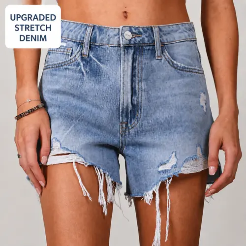 ONESO Women’s Upgraded Stretch Denim Shorts High Rise Light Wash Ripped Jean Shorts with Frayed Raw Hem Casual Summer Streetwear Shorts
