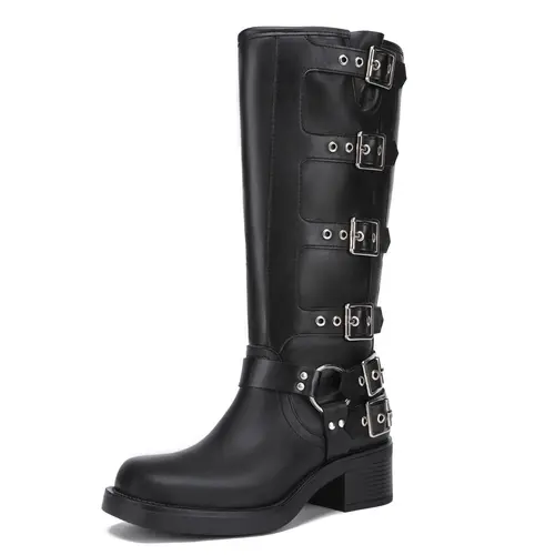 Women's Vintage Wide Calf Riding Boots - PU Leather, TPR Soles, Adjustable Metal Buckle, Square Toe, Chunky Heel, Biker Style Shoes, Party Footwear, Comfortable Walking, Super Versatile, Match Various Items, All-Year Wear, summerwins