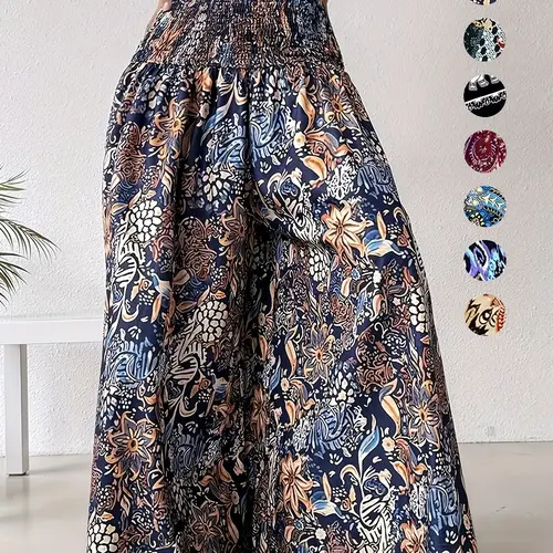 Women's Ethnic Pattern Shirred Waist Wide Leg Pants, Boho Casual Loose Fitted High Waist Trousers for Daily Holiday Vacation Wear, Ladies Bottoms for All Seasons