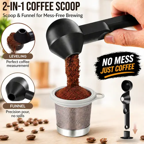 Coffee Scoop with Funnel for Reusable K Cup Refillable Coffee Pods, 2 TBSP Mess-Free Measuring Spoon with Sliding Leveler, Ideal for Ground Coffee, Protein Powder & Tea (1-Pack)