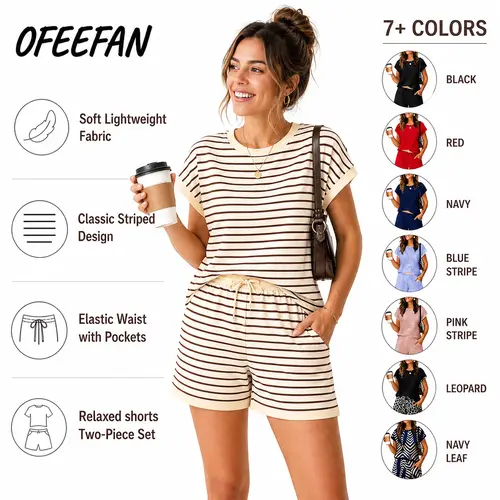 OFEEFAN Two Piece Sets for Women Summer Lounge Short Sets Cap Sleeve Crew Neck Sweatsuit with Pocket XS-2XL Womenswear