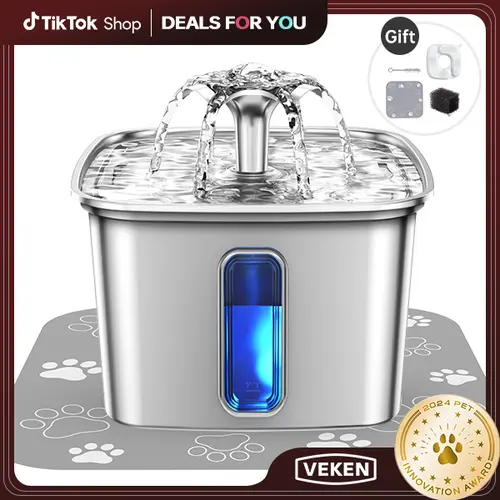 【Veken】 Innovation Award Winner Stainless Steel Cat Water Fountain, 108oz/3.2L Automatic Pet Fountain Dog Water Dispenser with Replacement Filters & Silicone Mat for Cats, Dogs, Multiple Pets，Petlovers