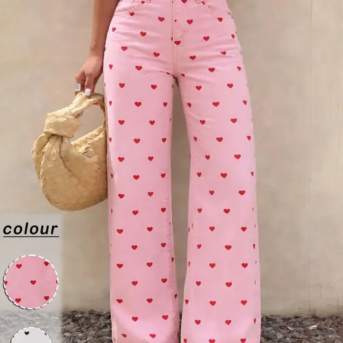 Spring/Summer Women's Elastic High-Waisted Wide Leg Baggy Bottom Jeans, Pink Heart Print, Casual Loose Fit Denim Pants for Commute, Daily Wear & Vacation