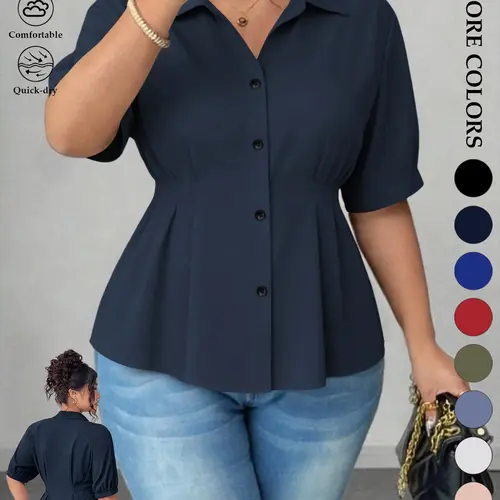 Women's Plus Size Tummy Control Solid Peplum Blouse Top, Casual Short Puff Sleeve Button Down Collared Shirt, Fitted V-Neck Cinched Waist Pleated Design, Office Workwear Business Everyday Daily Outfits for Summer, Button Up Blouse, Blouse Shirts