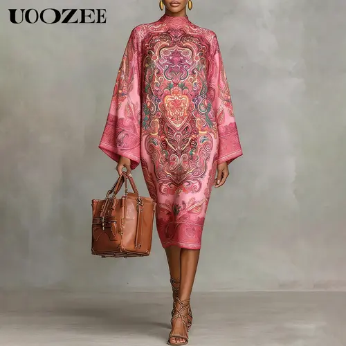 UOOZEE Women's Bohemian Paisley Mock Neck Midi Dress - Chic Polyester Dress with Long Kimono Sleeves, Lightweight Drape for Smart Casual & Cocktails, Elegant Minimalist Women's Wear with Hoop, Strappy, Bag Details
