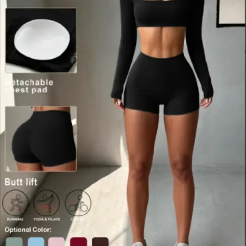 Women's Sportswear Yoga Set, Summer Activewear, Gym Yoga Clothing, Long-Sleeve Tee & High-Waisted Tight Shorts, Elastic Breathable Fabric, Gym Running Cycling Casual Wear, Gym Workout Clothes