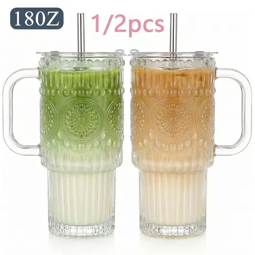 Bandesun Thick Romantic Glass Cups Mug with Lids and Straws, Vintage Leak Proof Retro Glass Tumblers with Handle–18 oz Reusable Iced Coffee Cups with Lids 1/2 Pack, Drinkware, Leakproof Straw Cup
