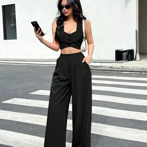 Women's Solid Basic Minimalist Tank Top & Wide Leg Pants Two-piece Set, Casual Sleeveless Top & Pants for Daily Wear, Ladies Two-piece Outfits for All Seasons, Office Siren Outfits, Womenswear, Clothes