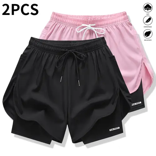 Women's Active Elastized Polyester Cute Faux 2-Piece Solid Casual Athletic Shorts, 2-Pack with Built-In Lining, Elastic Drawstring Waistband, Lightweight, Outdoor-Run Ready, Yellow Drawstring Option (Suitable for Gym & Casual Wear)