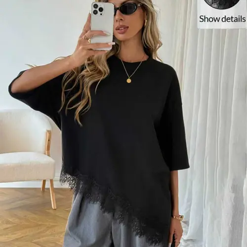 Summer Knitted Round Neck Short Sleeve Top, Loose Fit Asymmetrical Hem Lace Trim, Soft Breathable Women's Casual Shirt, Blouses Shirts Tops, Womenswear