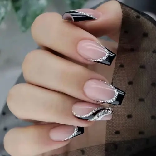24pcs Glossy Medium Ballerina Fake Nails with Black and Slivery Glitter Swirl Design for Women and Girls - Nail Art, Nail Care