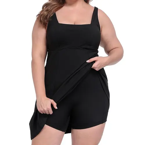 HDE Women's Plus Size Athletic Dress - Square Neck Female Activewear with Built-in Shorts, Full Coverage Bra, Sporty Chic for Workout, Tennis, Walks