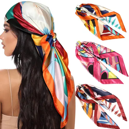 AWAYTR Women's Silky Scarves - 3 Pcs 35in Large Square Satin Scarves, Lightweight Casual Soft Shawls, Vibrant Fashion Hair Scarves, Stylish Accessories for Thanksgiving & Anniversary Gifting