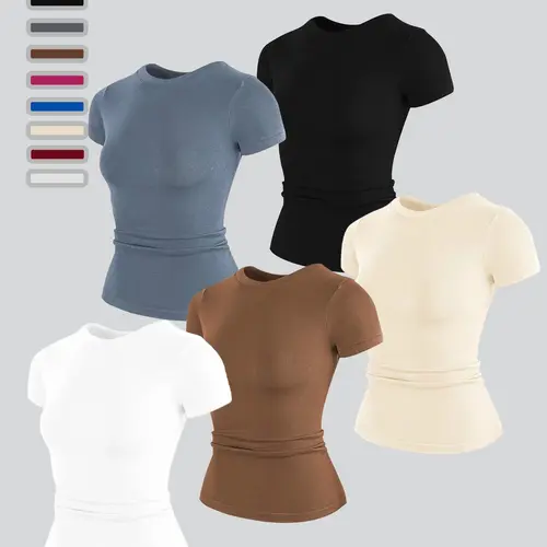 Women's High Elastic Seamless Fitted Short Sleeve T-Shirt, Yoga Wear Casual Quick Dry Activewear Fitness Top, Running Sportswear, Fitness Shirts, Fitness Training Clothes, Fitness Apparel
